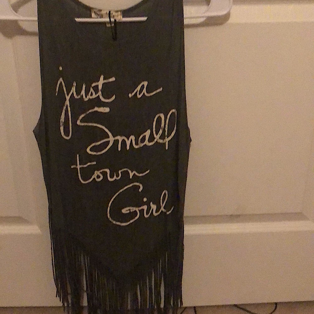Fringe grey top “just a small town girl”